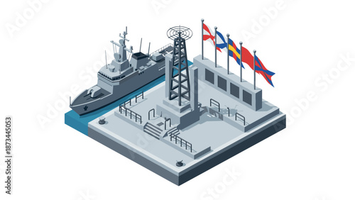 Isometric naval base with battleship and international flags on white background