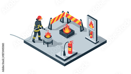 Isometric firefighting scene with equipment and safety symbols