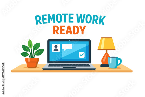 Remote work setup with laptop, lamp, plant, and coffee cup