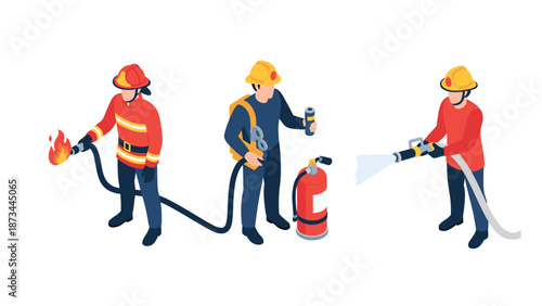 Isometric firefighters in action: extinguishing flames with hoses and equipment