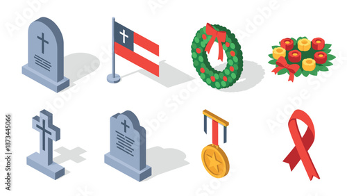 Isometric memorial elements with flags, wreaths, and ribbons in 3d style