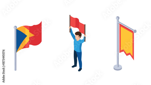 Isometric flags and man holding red banner on white background