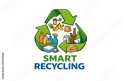 Eco-friendly recycling symbol with arrows and diverse recyclable items