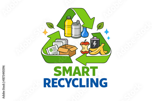 Smart recycling logo with various recyclable items in green arrows
