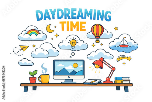 Creative workspace with computer, desk lamp, and imaginative cloud illustrations