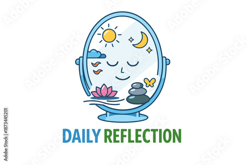 Peaceful reflection mirror with sun moon lotus and stones
