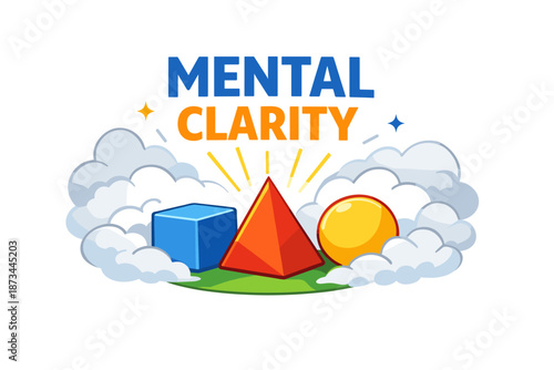 Mental clarity: geometric shapes amid clouds and sunburst