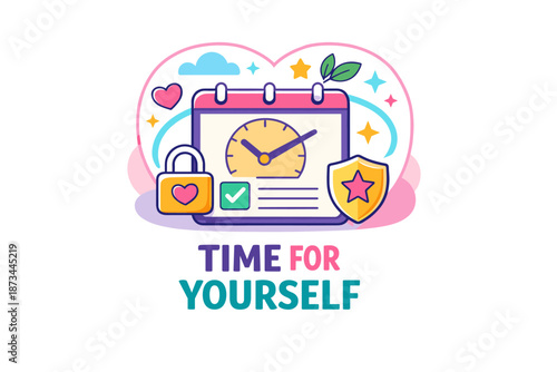 Self-care concept: calendar with heart, shield, and lock graphics