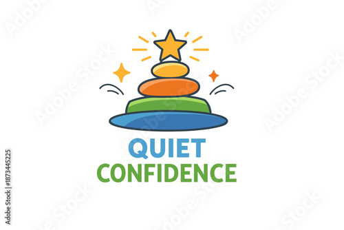Colorful balanced stone tower with star emblem and 'quiet confidence' text