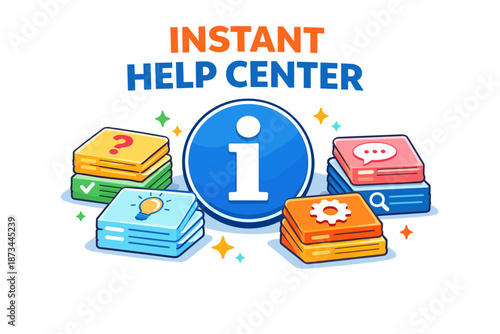 Instant help center icon with colorful informational symbols and stack of cards