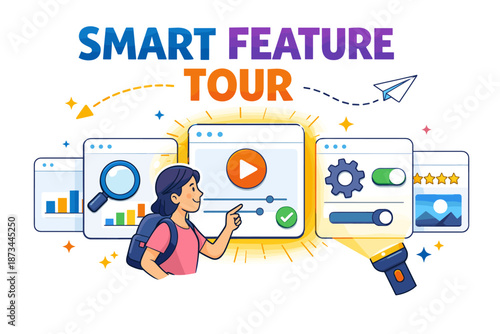 Young female exploring smart feature tour with interactive icons and tools