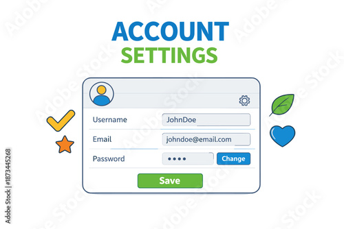 Account settings interface with username, email, and password options