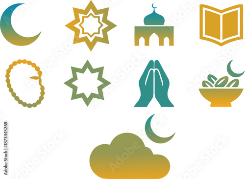 Islamic ramadan kareem icons collection featuring crescent moon stars mosque prayer hands and holy quran