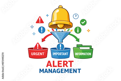 Alert management diagram with colorful icons for urgent, important, and information categories