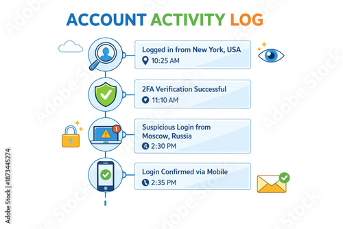 Account activity log overview with verification and security alerts