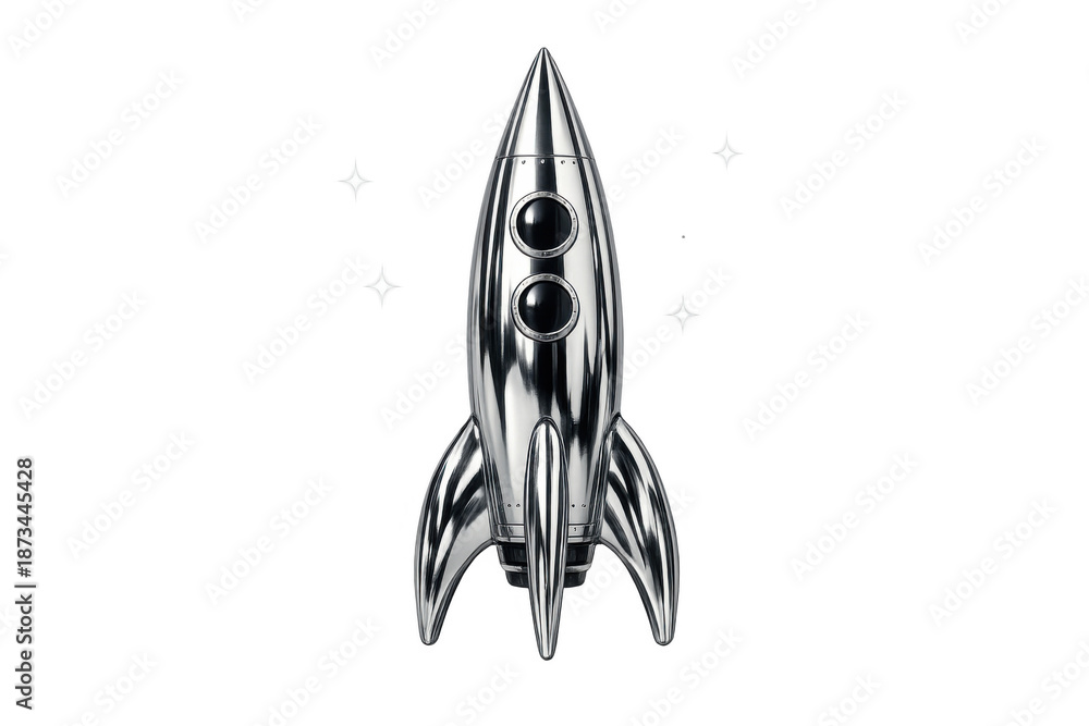 Fototapeta premium Silver rocket standing with shiny metallic finish and porthole windows, exploring futurism and space travel concept