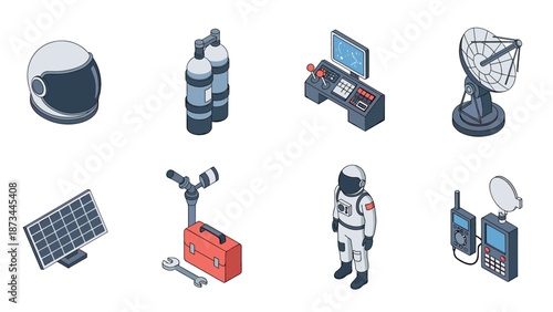 Isometric space exploration elements set including astronaut, helmet, and satellite icons