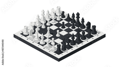 Isometric chessboard with 3d white and black chess pieces on black and white squares
