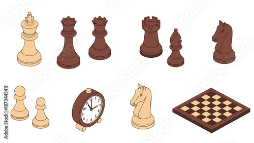 Isometric chess pieces and board set with clock for strategic gameplay