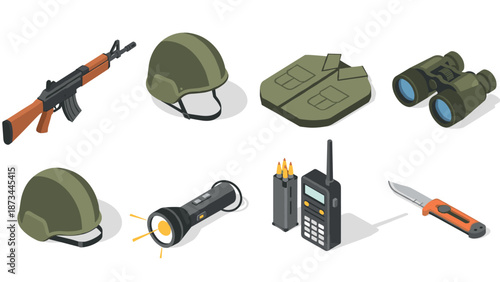 Isometric military equipment icons: weapons, gear, and tools collection