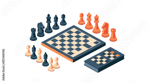 Isometric chess set with 3d pieces on white background
