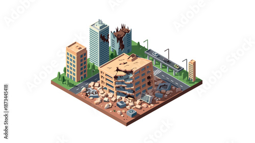 Isometric urban disaster scene with collapsed buildings and debris