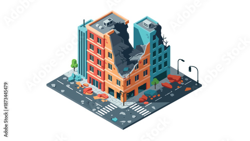 Isometric urban earthquake scene with damaged buildings and debris
