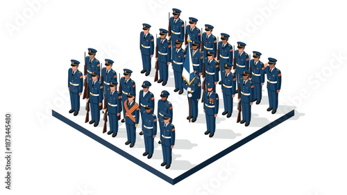 Isometric military parade: officers in uniform formation with flags