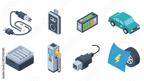 Isometric electric vehicle icons featuring charging and eco-friendly technology