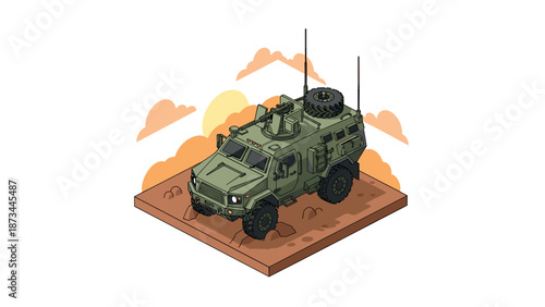 Isometric off-road military vehicle in desert environment with mountainous backdrop