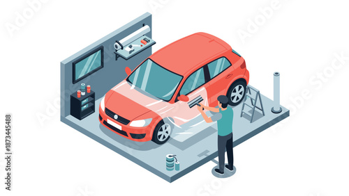 Professional car wrapping workshop with technician applying protective film on red vehicle