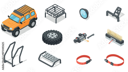 Isometric suv and accessories: roof rack, tire, winch, and more