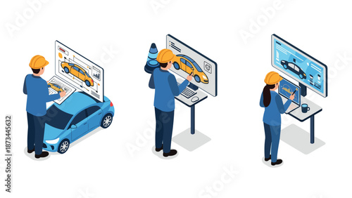Isometric engineers analyzing car designs with digital tools for automotive innovations