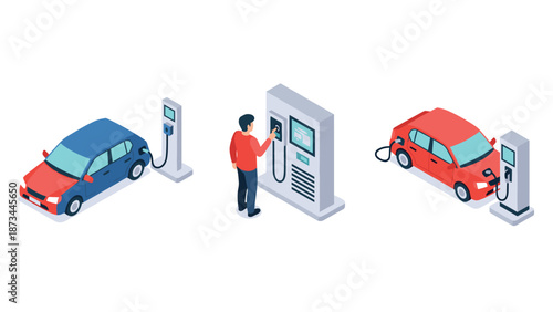 Isometric electric vehicle charging station with person and cars