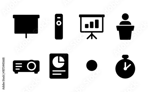 Collection of business presentation and meeting icons in a clean, modern style