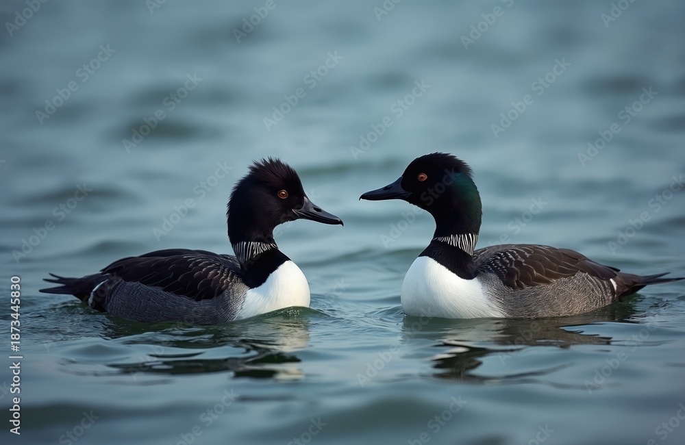 Fototapeta premium Two common goldeneye ducks swim together on calm water. Male duck shows crested head, white neck ring. Female bird has green iridescence on its head.
