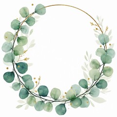 Watercolor eucalyptus leaves with gold frame. Gentle green foliage forms round border on white background. Elegant botanical design, suitable for wedding cards or invitations, rustic, romantic style.