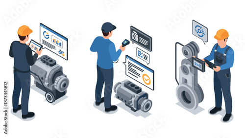 Isometric engineers monitoring industrial machinery with digital tablets and graphs