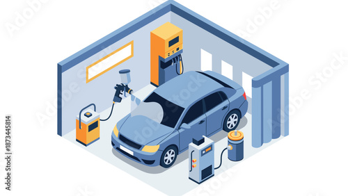 Isometric car in auto workshop with advanced equipment and tools