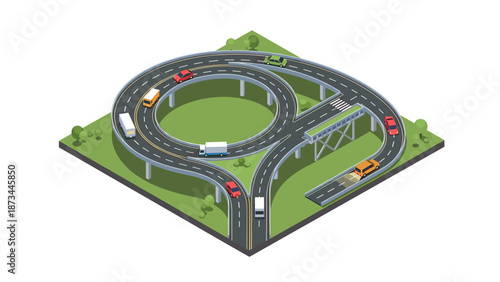 Isometric highway interchange with colorful cars and overpass