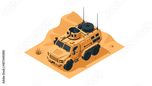 Isometric military truck on desert terrain with antennas and spare tire