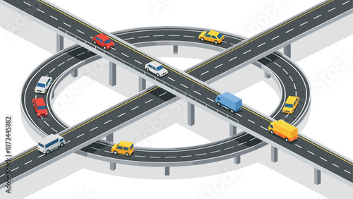 Isometric highway intersection with cars and trucks on elevated roads