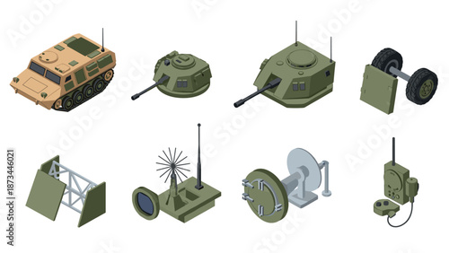 Isometric military equipment icons set including vehicles, antennae, and communication devices