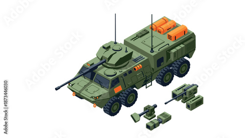 Isometric military armored vehicle with modular weapons components on white background