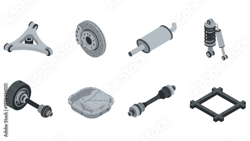 Essential car parts isometric set: brake disc, muffler, shock absorber, suspension, drivetrain