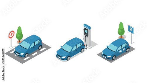 Eco-friendly electric car charging and parking in isometric urban setting
