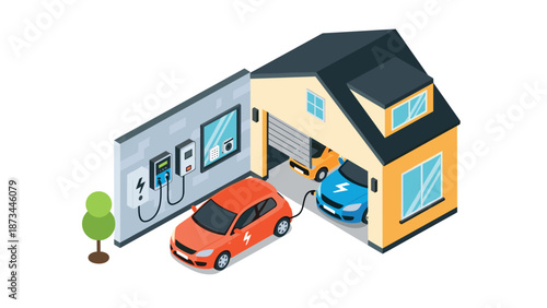 Isometric electric cars charging at home with solar power in modern garage setting