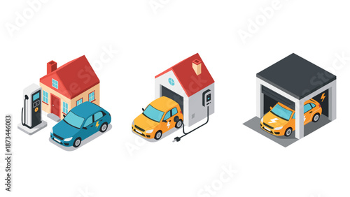 Eco-friendly home charging stations for electric vehicles in isometric design