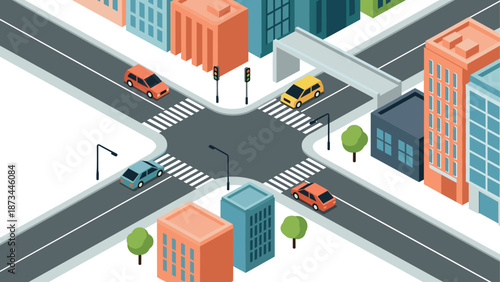 Isometric urban intersection with colorful buildings and cars on crossroads