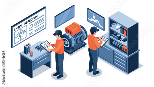 Isometric engine inspection and maintenance with engineers in modern workshop setting